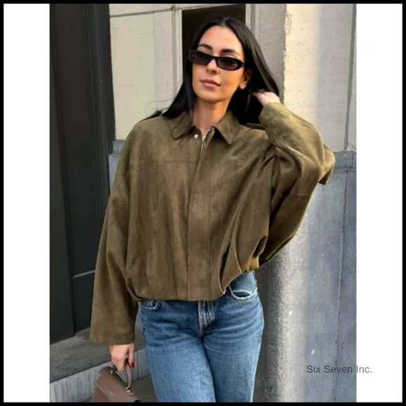 Oversized Faux Suede Bomber Jacket Cropped Lapel Pilot Streetwear Outerwear - Picture 3 of 7